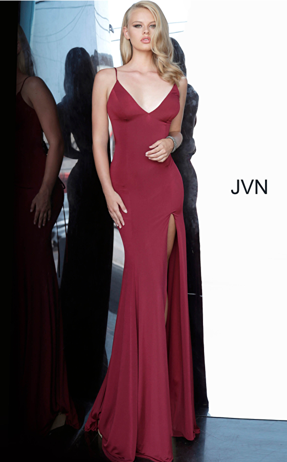 JVN02071 Burgundy High Slit V Neck Prom Dress 